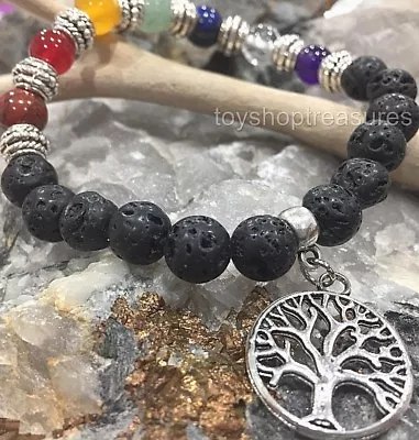 Aromatherapy Diffuser Essential Oil Lava & Gemstone Chakra Bracelet Tree Of Life • $14.95