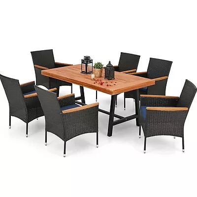 7Pcs Outdoor Dining Set Acacia Wooden Table Rattan Wicker Patio Chairs W/Cushion • $789.99