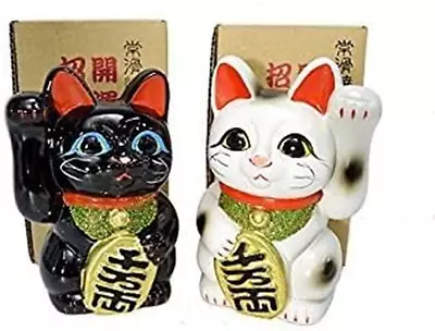 Made In Japan Lucky Cat 5.1''  Porcelain Black & White Pair Maneki Neko • $99.98
