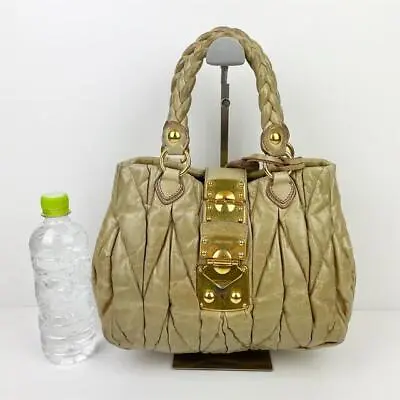 Auth Miu Miu Handbag Tote Bag #4606 Beige Leather  Matelasse • $258