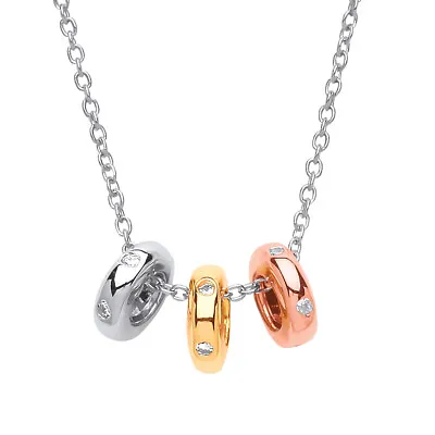 3-Colour Silver Jewelco London CZ Trilogy Halo Rings Charm Necklace 15 + 2 Inch • £24.99