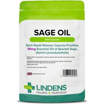 Sage Essential Oil 50mg X 100 Capsules; Lindens • £7.07