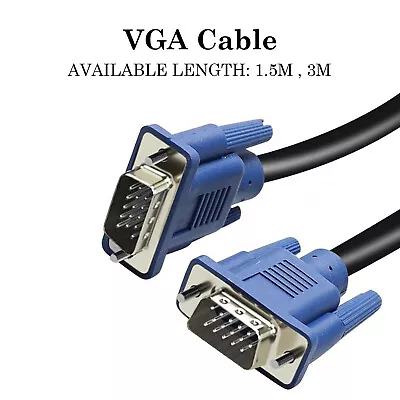 VGA/SVGA 1.5m / 3m  MALE TO MALE 15 PIN Cable PC MONITOR TV LCD PLASMA LED LEAD • £2.89