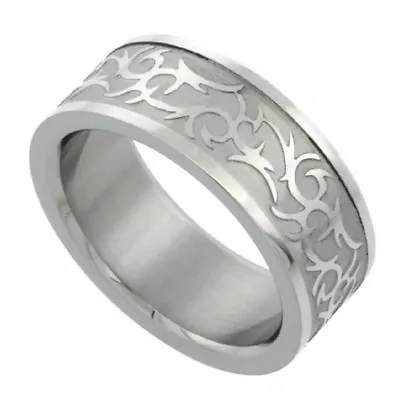 8mm Stainless Steel Tribal Inspired Design Wedding Band Ring     • $9.99