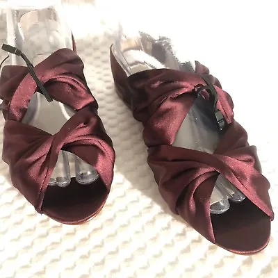 Zara Sandals Sz 6.5 Satin Slingback Wine Ribbon Brooch Bling Adjustable Buckle   • $49.99