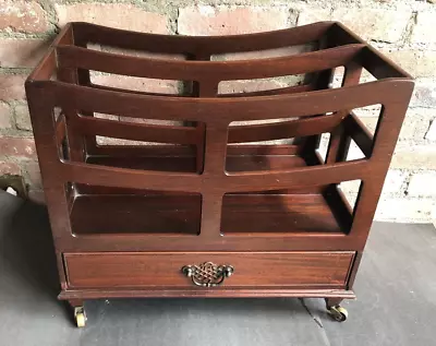 Vintage~MAHOGANY CANTERBURY MAGAZINE RECORD RACK W DRAWER-Storage Organizer • $155