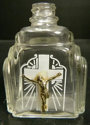 Vintage Glass Holy Water Bottle With Cross & Figure 3.63  X 2.63  X .5  V. Good • $17.99