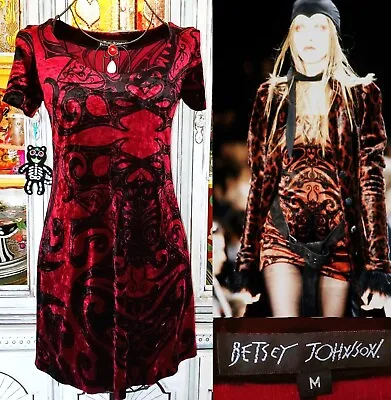 Betsey Johnson Vintage 90s Crushed Velvet Black Bug Tribal Franky Tattoo Dress M • $199.99