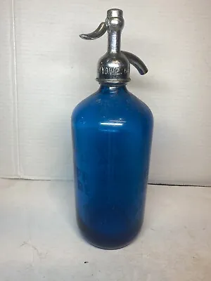 Vintage Blue Czech Siphon Seltzer Bottle Friedberg Beverages Etched Bayonne NJ • $74.95