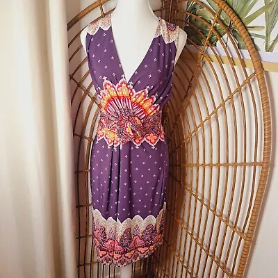 Leona Edmiston Paisley Print Sleeveless Boho Faux Wrap Dress 12 Bohemian Hippie • $28.99