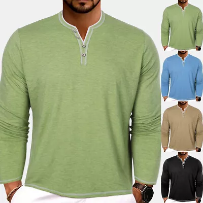 Mens Casual Shirts Basic Tops Long Sleeve Buttons V Neck Solid T-Shirt Blouse US • $25.79