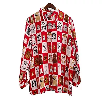 Vintage Piano 100% Silk Novelty Dog Print Button Up Shirt Womens Size Large • $49.99