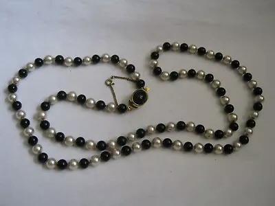 30  Knotted Black Bead & Pearl Necklace Gilt Sterling IBA Clasp & Safety Chain • $29.99