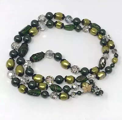 Vintage Signed Vendome Beaded Necklace Green Tones Art Glass 41  Length One Flaw • $40