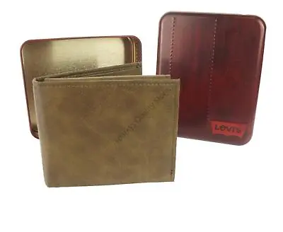 Authentic Levi's Leather Wallet Tan Bi Fold RFID Protection ID Window Flap Tin • £17.99