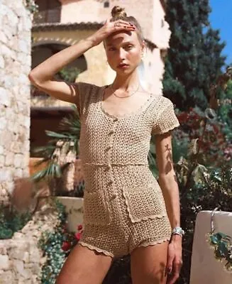 $169 • Buy ALICE MCCALL  Hot Like Fire  Gold Beach Party Crochet Jumpsuit Playsuit Size 10