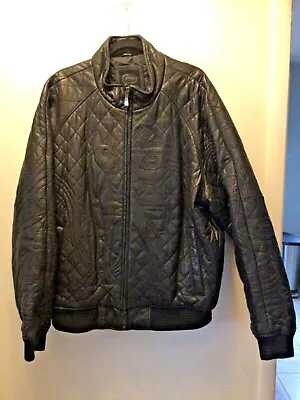 Ecko Unltd Quilted/Embroidered Jacket Black Leather Bomber Coat Size 2XL • $224.95