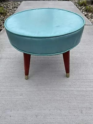 Vintage MCM Blue Round Vinyl Ottoman Foot Stool Tapered Wooden Legs 1960's • $225