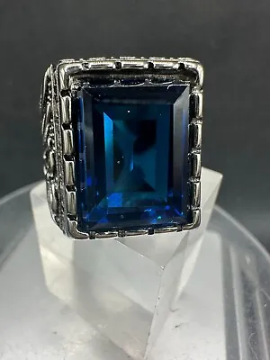 Mens Sapphire Ring Signet Pinky Silver Blue Emerald Cut Stainless Steel Cz  3913 • £18.69