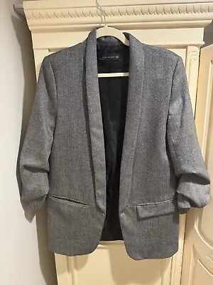 ZARA Women’s Herringbone Gray Long Blazer Jacket With Roused Sleeves Sz Medium • $45