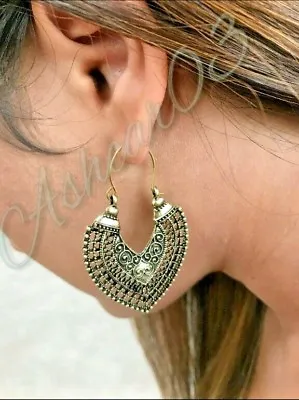Aztec Moroccan Boho Bohemian Gypsy Goddess Heart Hoop Tribal Ethnic Earrings • $11.99