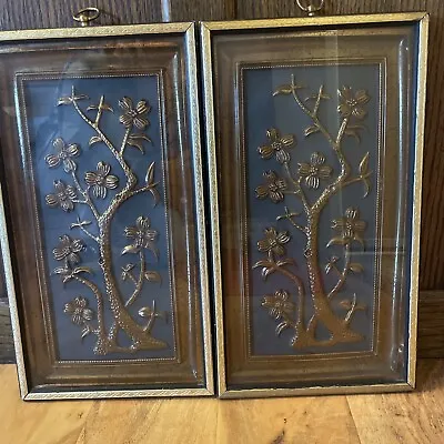 2 VTG MID-CENTURY SHADOW BOX Embossed Brass Metal Craft WALL PLAQUES BY YOLANDE • $49.99