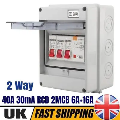 2 Way Garage Weatherproof Consumer Unit Enclosure 40Amp 30mA RCD MCB Fuse Box • £16.89