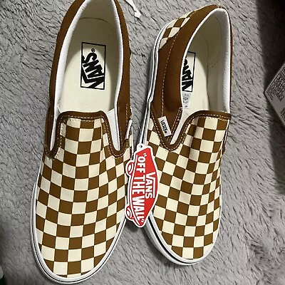 Vans Mens Classic Slip On Golden Brown White Checkerboard Skate Shoes Size 8.5 • $37.99