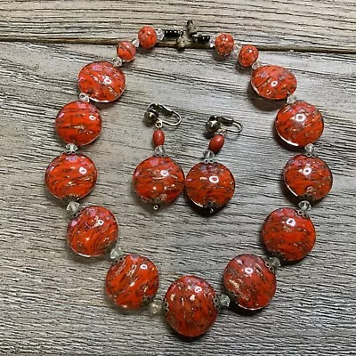 Vtg Venetian Glass Bead Necklace Set - Red With Gold Colored Foil  • $26