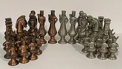 Vintage Art Deco Cast Metal Chess Set Silver Bronze Figural 32 Pieces Rare Japan • $2200