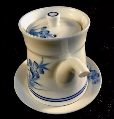 White Porcelain Individual Teapot With Saucer Blue Hand Painted Flowers Lid  • $15.19