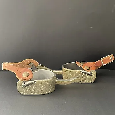 Vintage Pair Western Spurs Ornated With Silver Tone Metal Men’s Leather Straps • $145