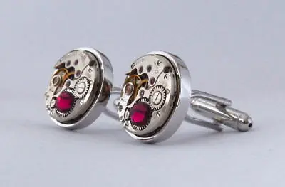 Steampunk Cufflinks W/ Vintage Watch Movements & Ruby Red Crystals Gift For Men • £38