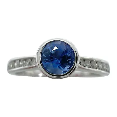 Fine Vivid Blue Round Cut Ceylon Sapphire Diamond White Gold Bezel Rubover Ring • £440