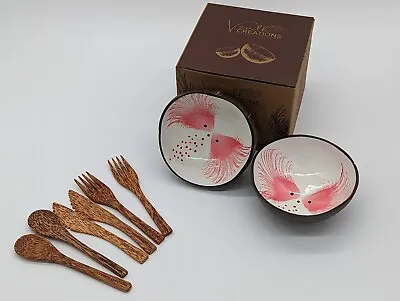 [#11] Hand Painted Coconut Shell Bowls & Cutlery | Set Of 2 Bowls | Medium 500ml • £9.99