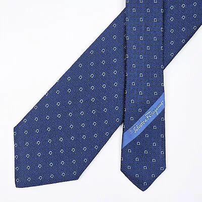 Salvatore Ferragamo Tie Necktie Gancini Logo On Dark Blue Basket Weave Woven • $52