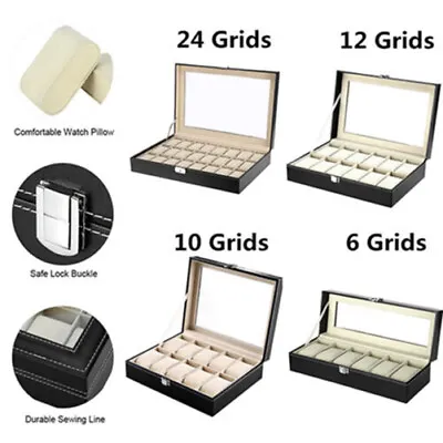 6/10/12/24 Grid Watch Display Case Jewelry Collection Storage Holder Box With PU • £11.69