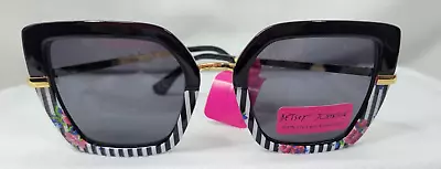 Betsey Johnson Fun Sunglasses Square Cat Eye Black & White Stripe & Floral • $22.99