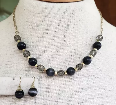 Vintage Gray Cats Eye Glass Bead Choker Necklace Earrings Set Gold Tone • $9.80