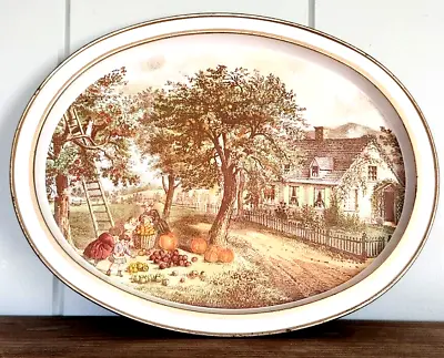 Vintage Currier & Ives 1868 Oval Metal Serving Tray  American Homestead  AUTUMN • $8.99