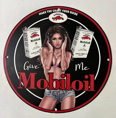 Gargoyle Give Me Mobil Oil Porcelain Pinup Bikini Babe Gas Oil Station Pump Sign • $130