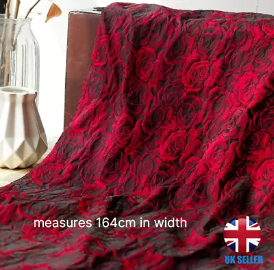 Luxurious Embossed 3 Dimensional Rose Brocade Jacquard Fabric In Black And Red • £24.99