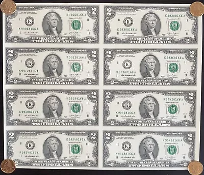 $2 Two Dollar Bills Uncut Currency Sheet Of 8 Notes 2013 Dallas Texas - $16 • $70