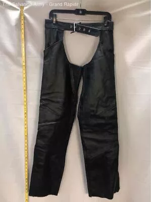 Mens Black Leather Flat Front Belted Straight Leg Motorcycle Chaps Size Small • $5.99
