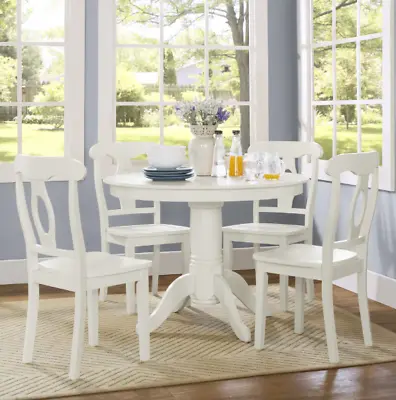 5 Piece White Dining Set 4 Chairs Round Table Wood Kitchen Breakfast Furniture • $399.99