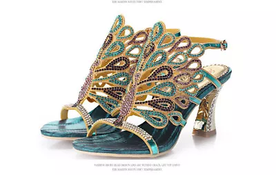 Women's Sparkling Peacock Rhinestone Crystal High Heels Sandals Evening Shoes • £67.12