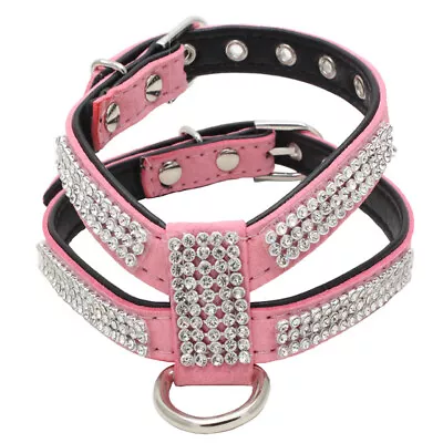£5.99 • Buy Bling Rhinestone Dog Harness Soft Suede Leather Adjustable Puppy Cat Vest Pink S