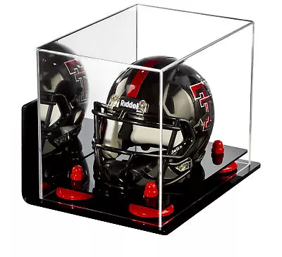 Mini Football Helmet Case W/ Wall Mount Mirror & Red Risers Black Base (A003) • $91.99