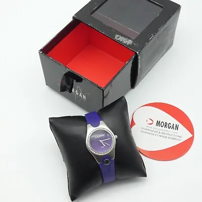 Vintage Morgan De Toi Wristwatch Purple Strap Brushed Silver Rhinestones Y2K • $9.94