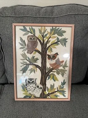 Vintage Owl Crewel Embroidered Wall Decor Picture • $60